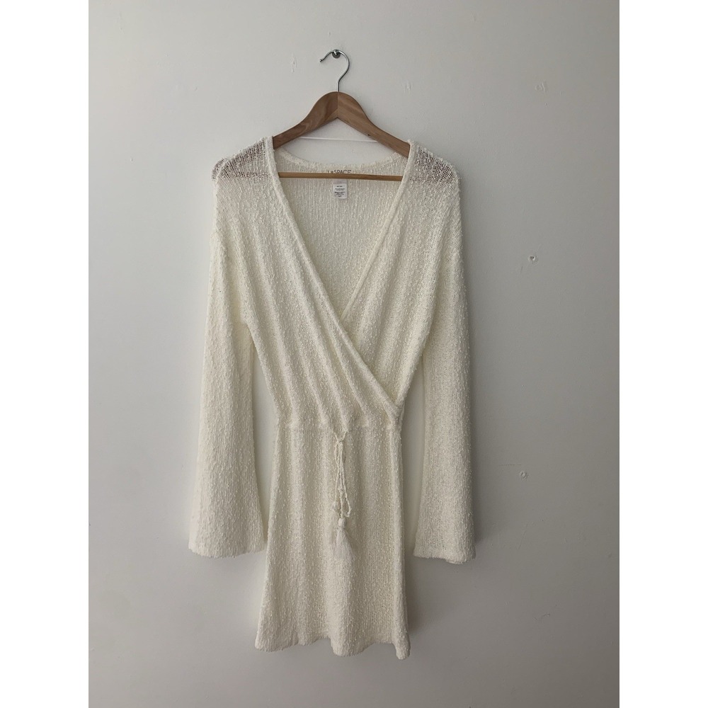 L*Space Topanga Dress Cream Sz A Beach Cover Up Sheer Bell Sleeve Tasseled